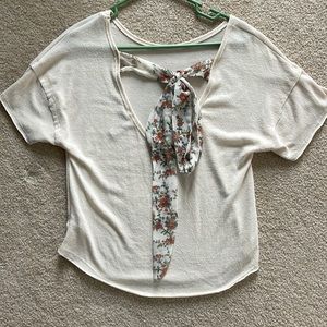 Francesca’s Cream Short-Sleeve Blouse with Ribbon on Back